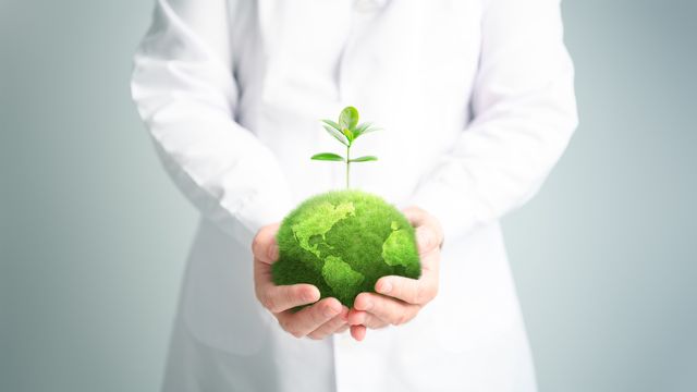 Lab worker holding a small globe made from moss. 