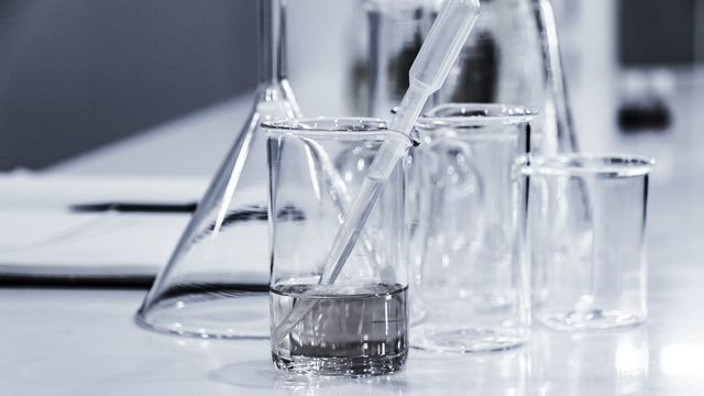 Glass beakers, one with clear liquid and a pipette on a lab bench. 