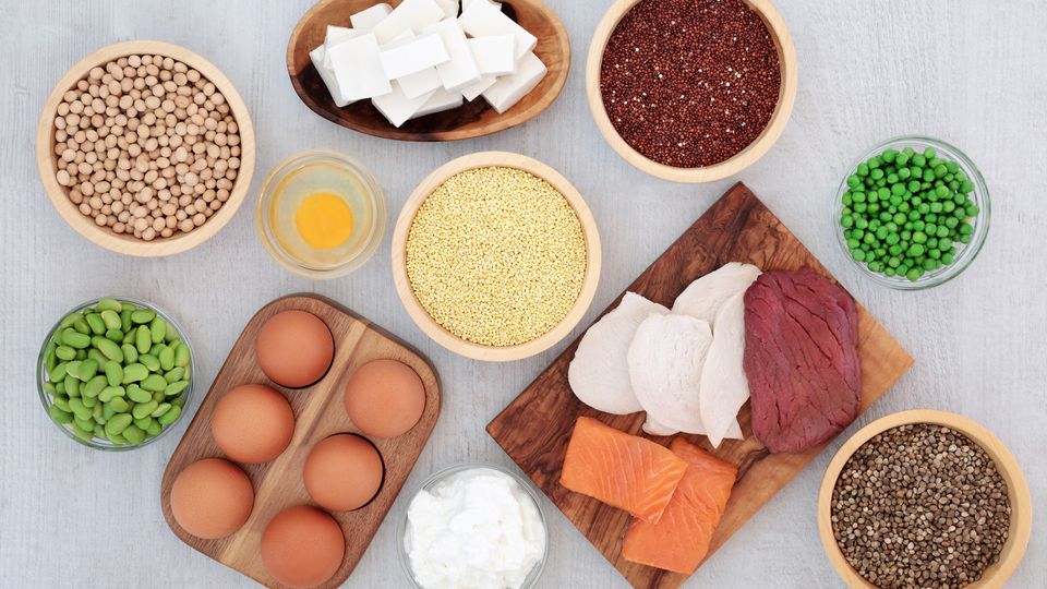 An overhead shot of a variety of food items that are high in protein.