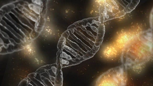 Illustration of DNA double helices with a flame pattern in the background. 