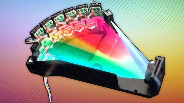 An illustration of ICP-OES. Multiple colors of light in a wedge shape come from an emitter. 