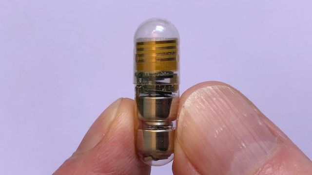 A close up of someone holding the pill sized device in their fingers. 