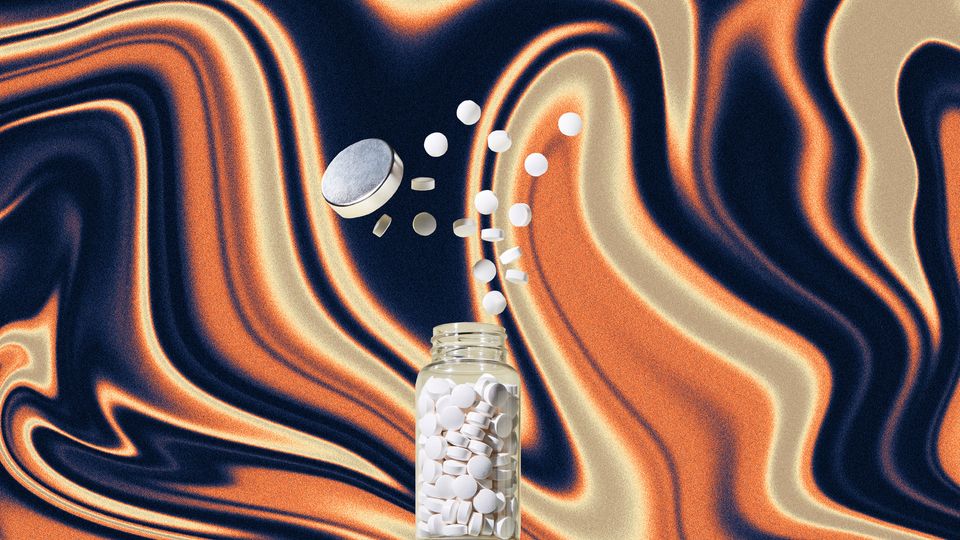 A pill bottle in front of a psychedelic design. 