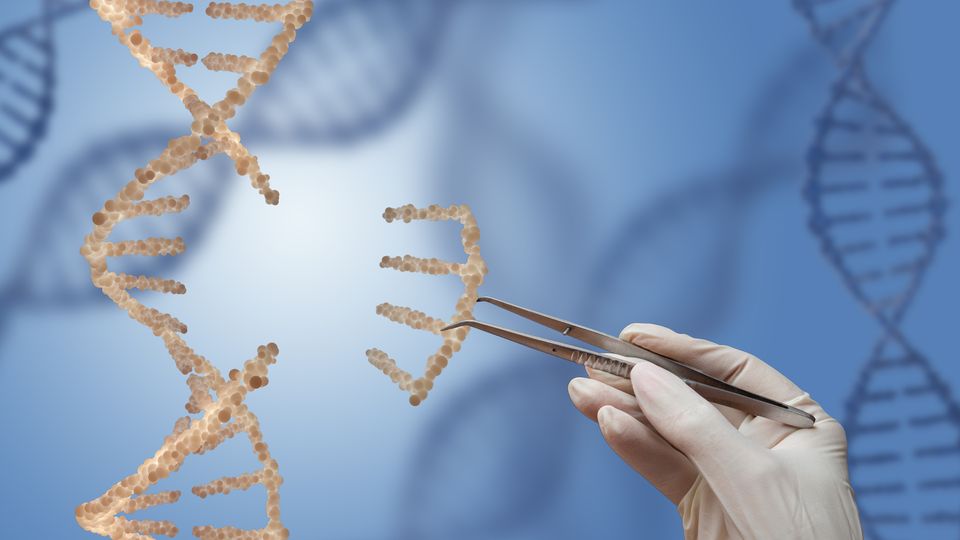 A hand holding a pair of tweezers, plucking a section of DNA.