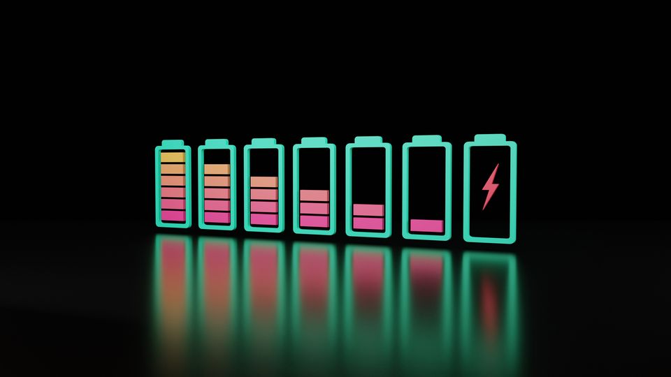 A graphic showing a line of batteries with decreasing charge indication levels, like an evolutionary line.